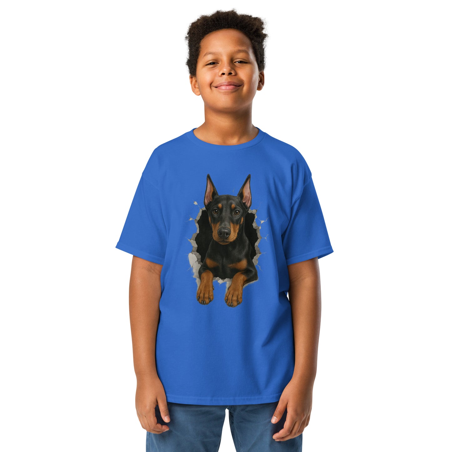 T-shirt classique enfant bleu Dobermann trou mur2