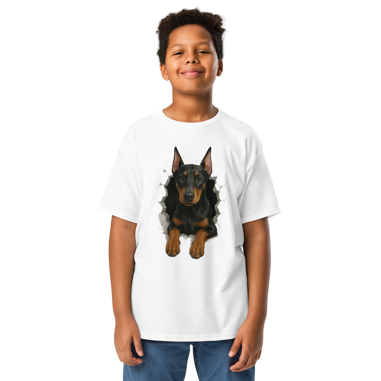 T-shirt classique enfant blanc Dobermann trou mur2