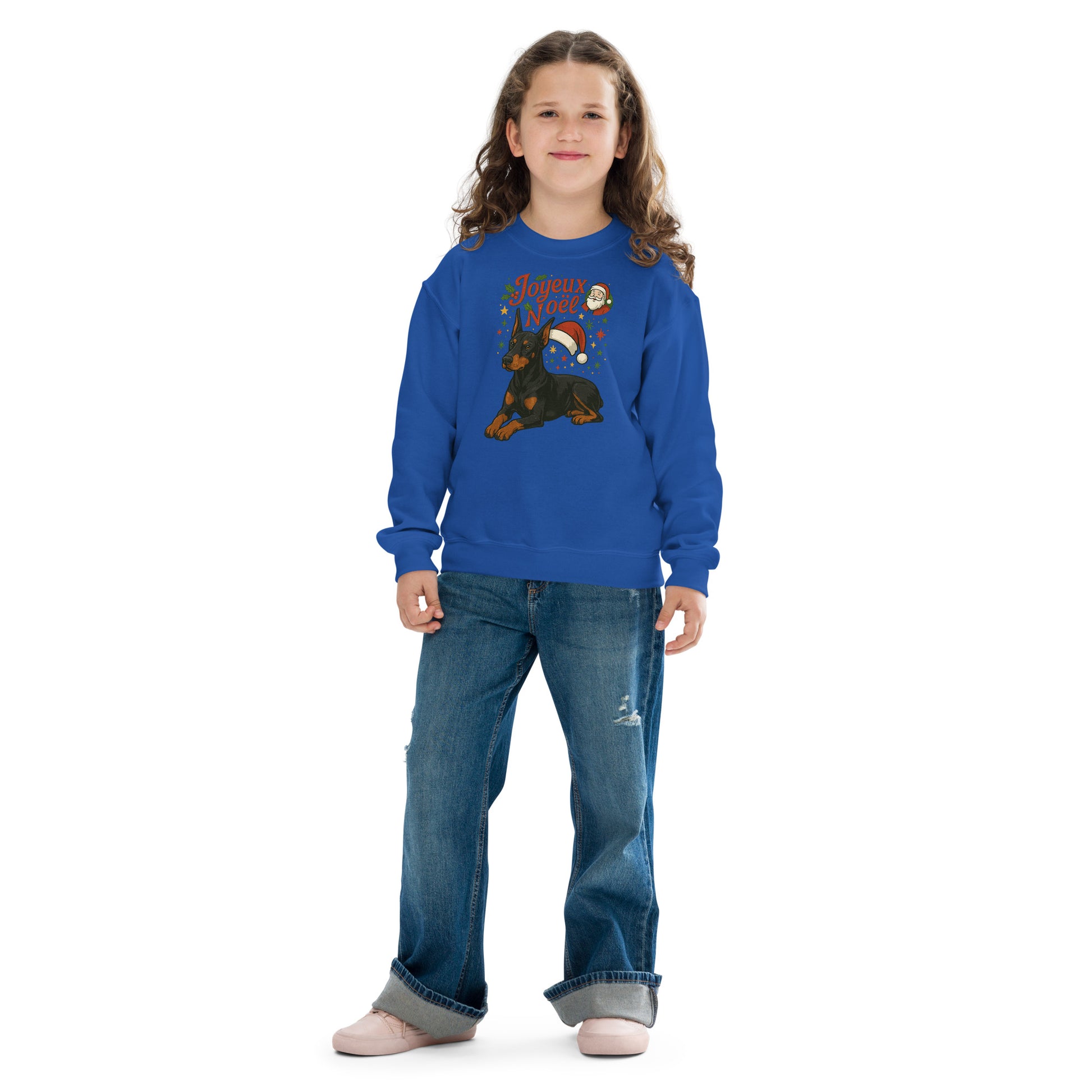 Sweat classique enfant unisexe bleu Noel Dobermann