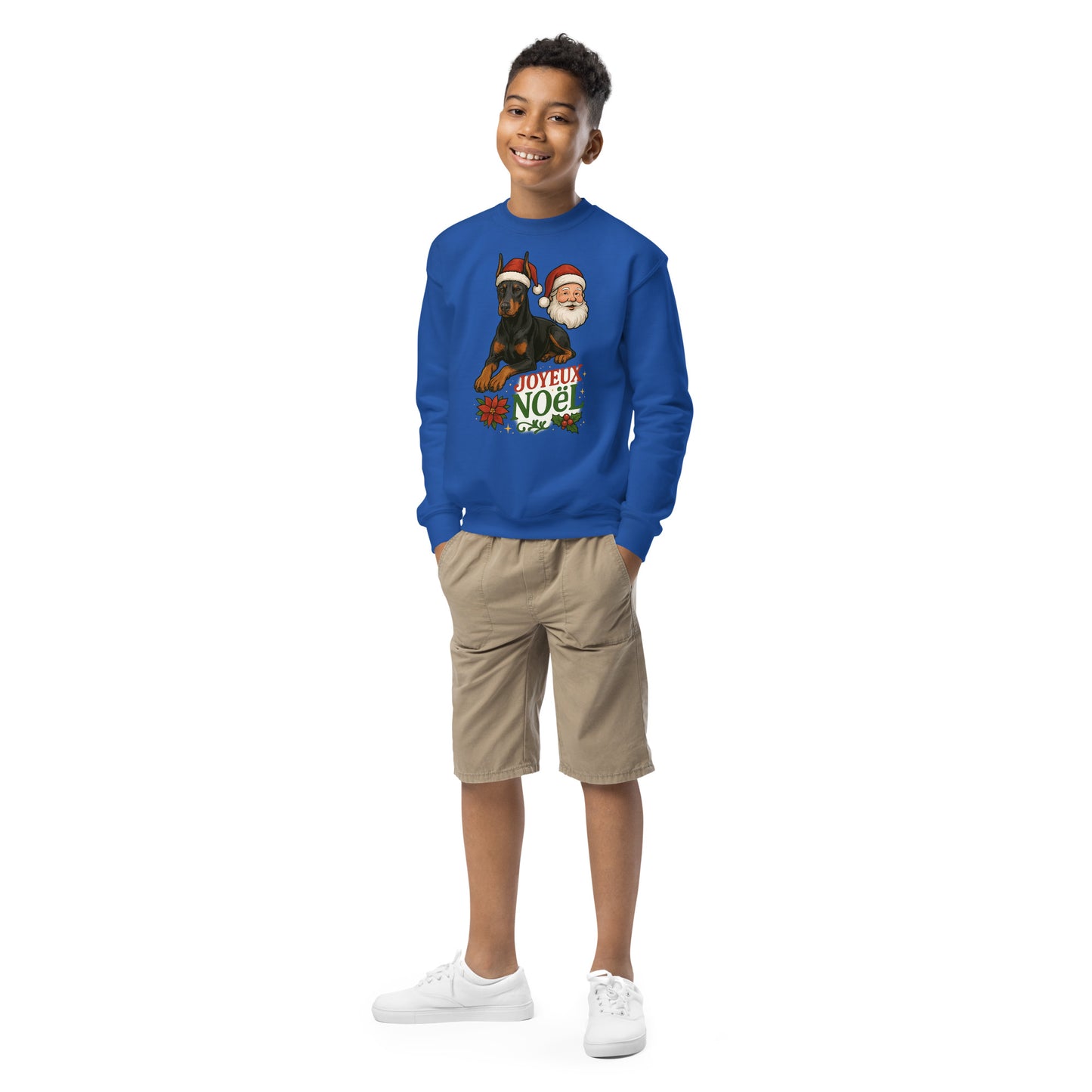 Sweat classique enfant unisexe bleu Noel Dobermann