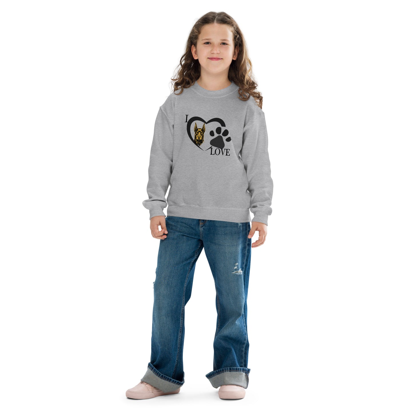 Sweat classique enfant unisexe gris I love Dobermann