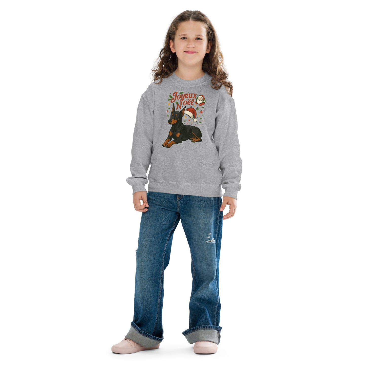Sweat classique enfant unisexe gris Noel Dobermann
