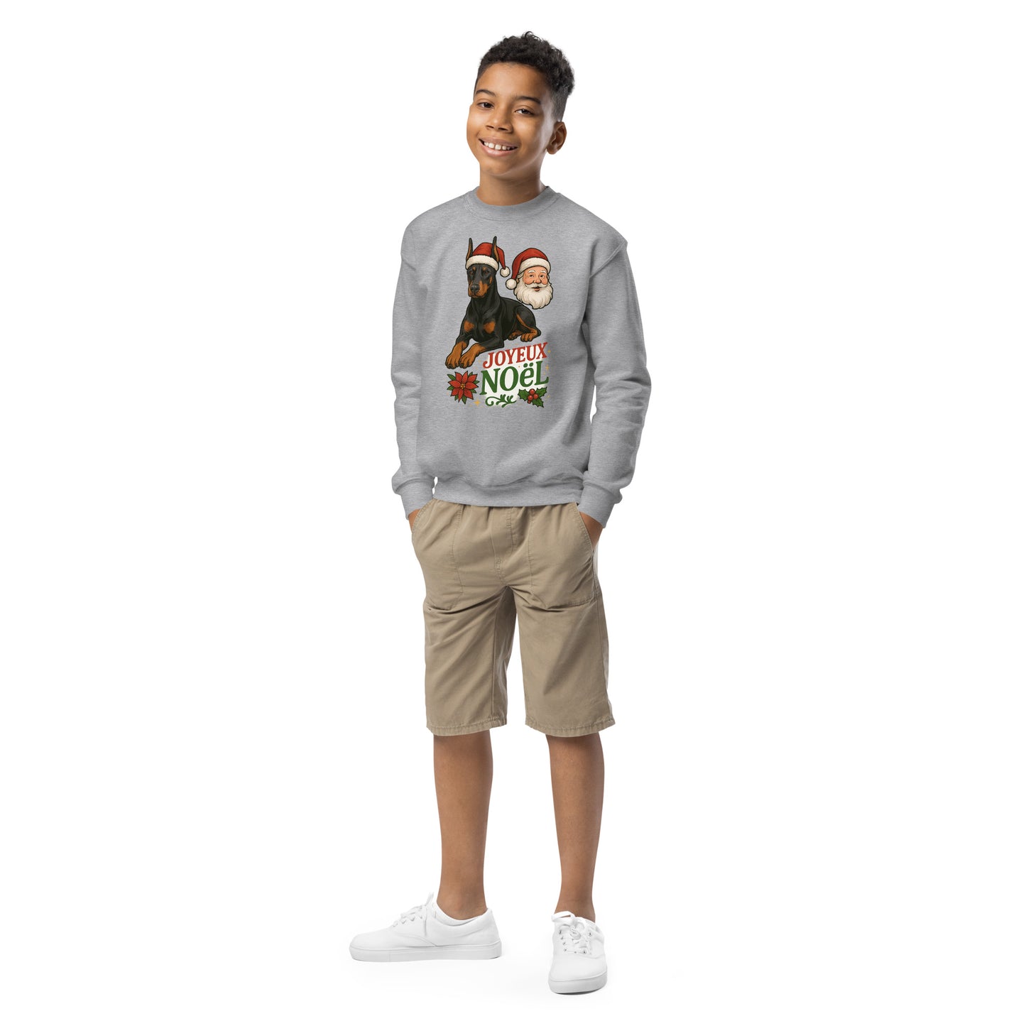 Sweat classique enfant unisexe gris Noel Dobermann