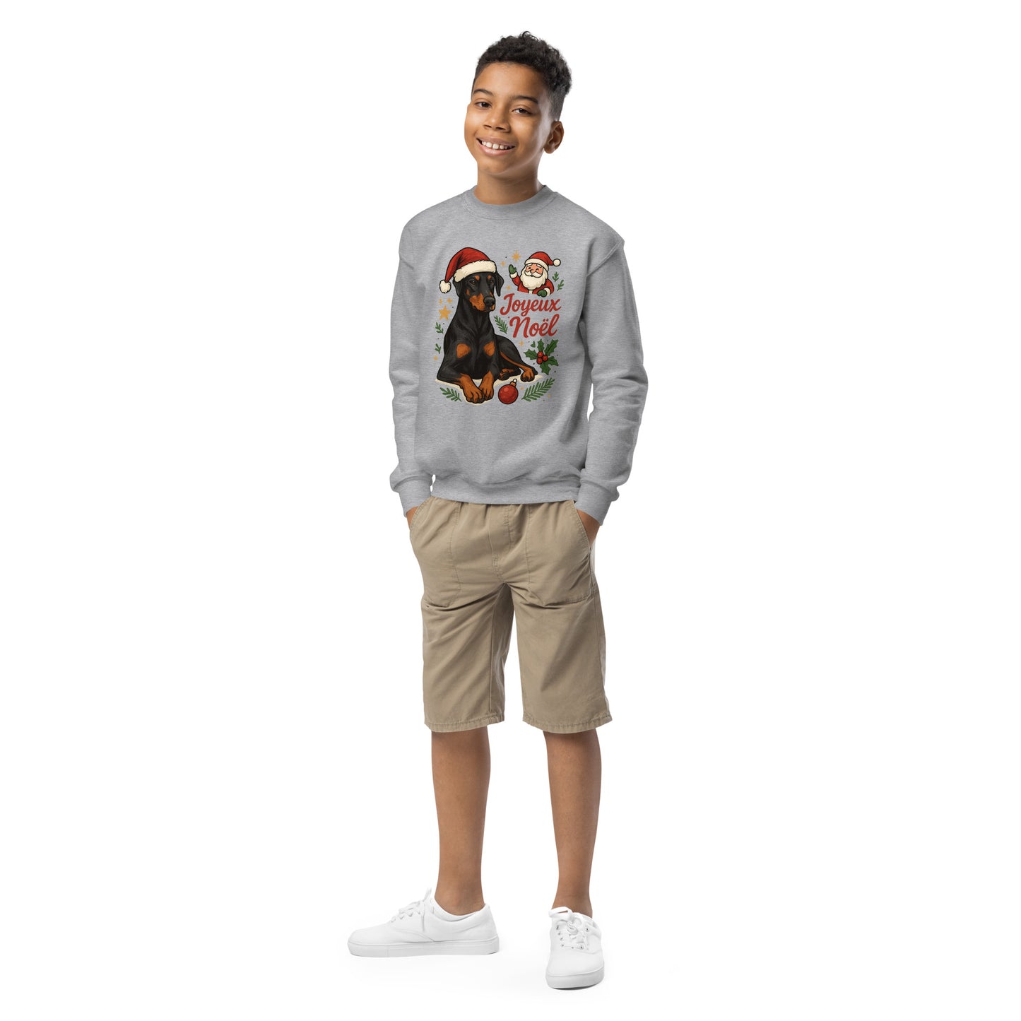 Sweat classique enfant unisexe gris Noel Dobermann