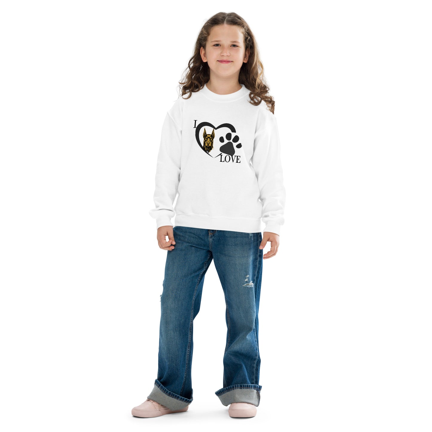 Sweat classique enfant unisexe blanc I love Dobermann