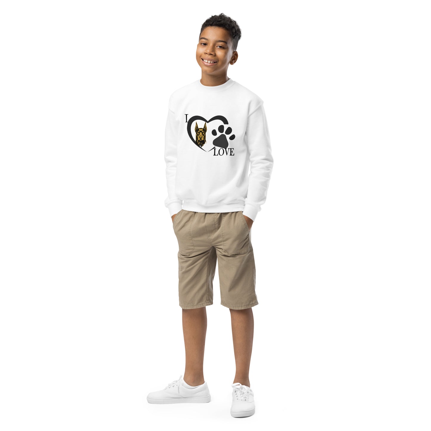 Sweat classique enfant unisexe blanc  I love Dobermann