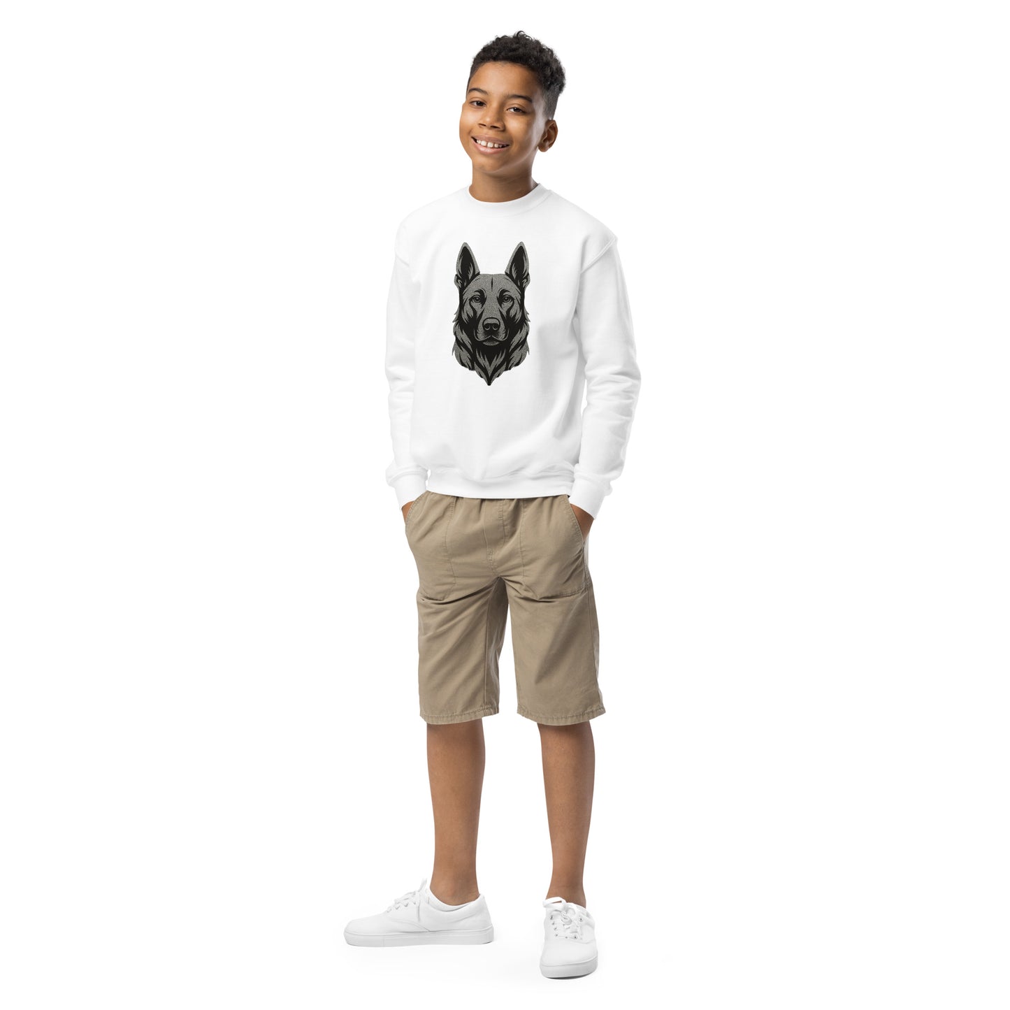 Sweat classique enfant unisexe blanc logo Malinois argenté