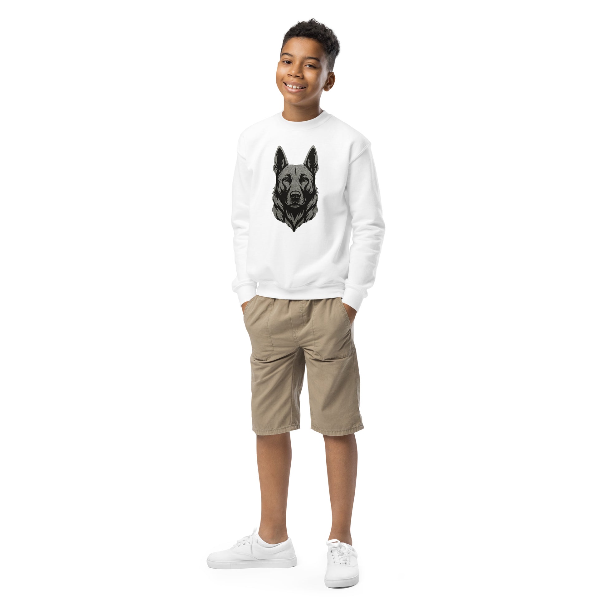 Sweat classique enfant unisexe blanc logo Malinois argenté