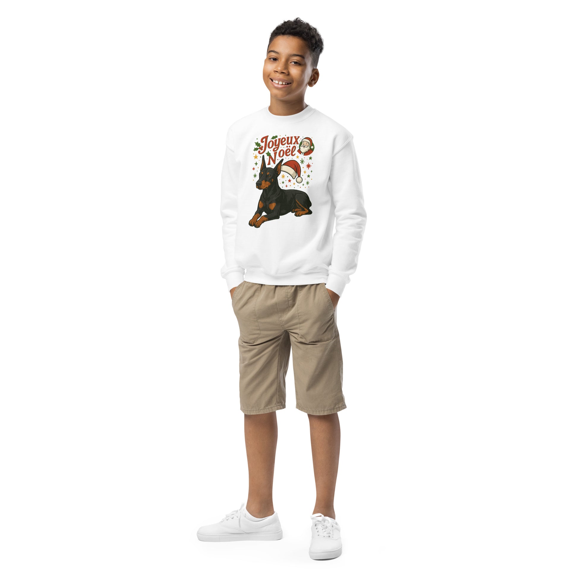 Sweat classique enfant unisexe blanc Noel Dobermann