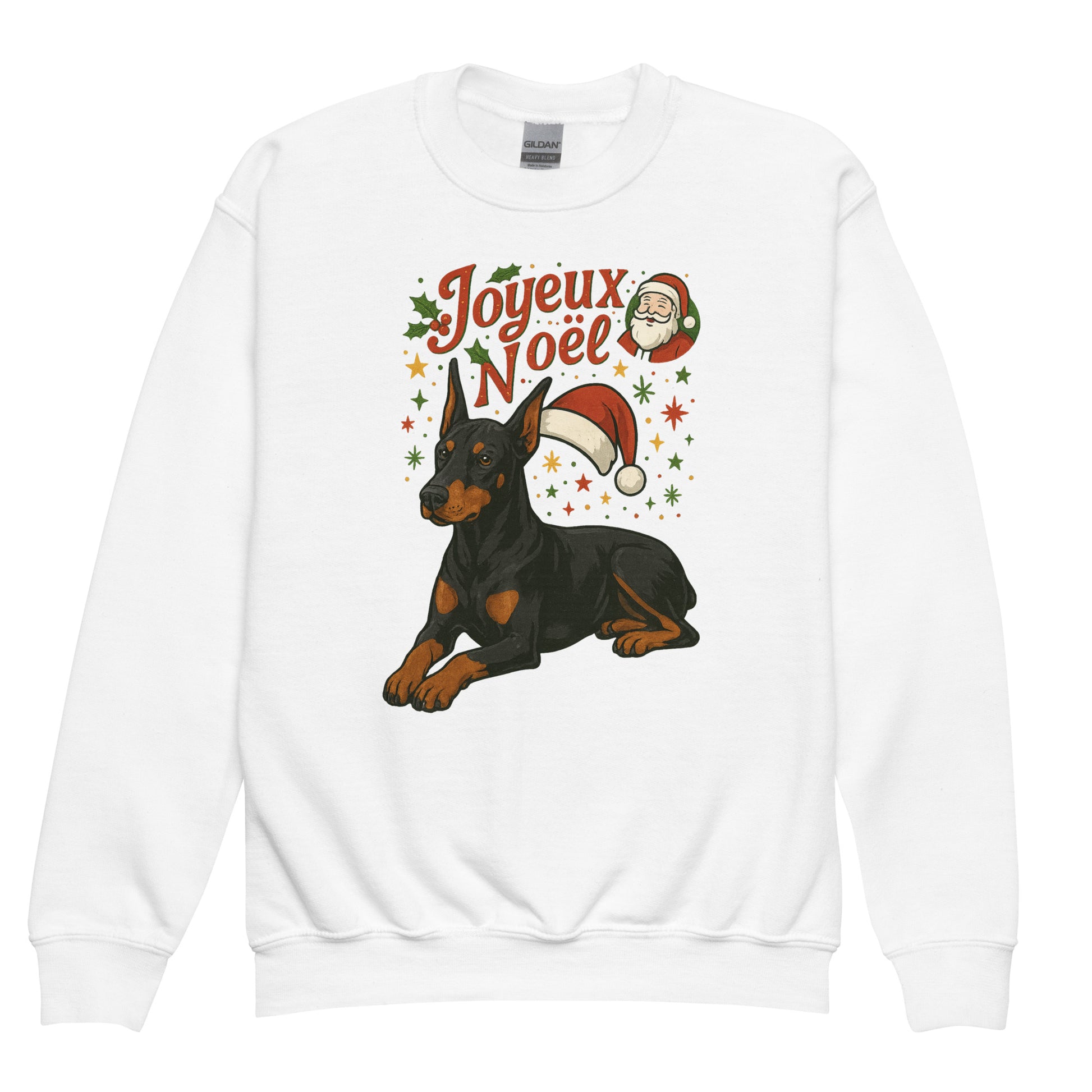 Sweat classique enfant unisexe blanc Noel Dobermann
