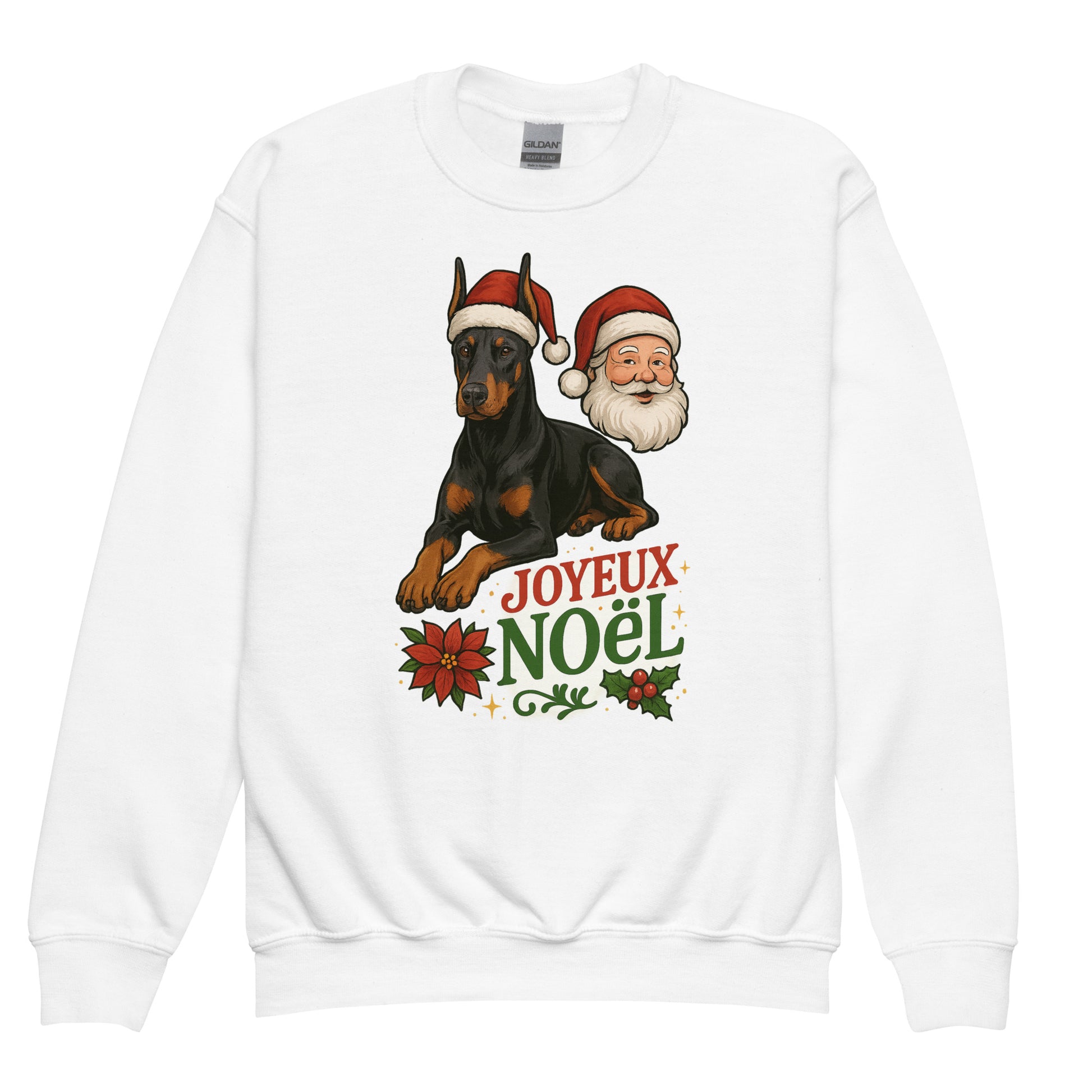 Sweat classique enfant unisexe blanc Noel Dobermann