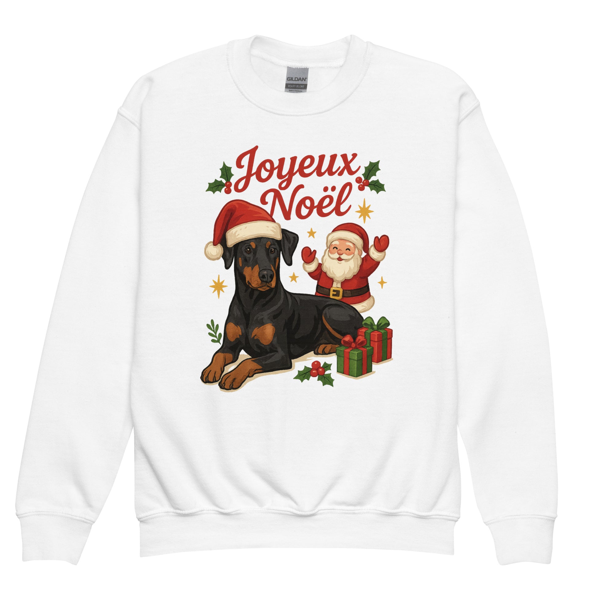 Sweat classique enfant unisexe blanc Noel Dobermann