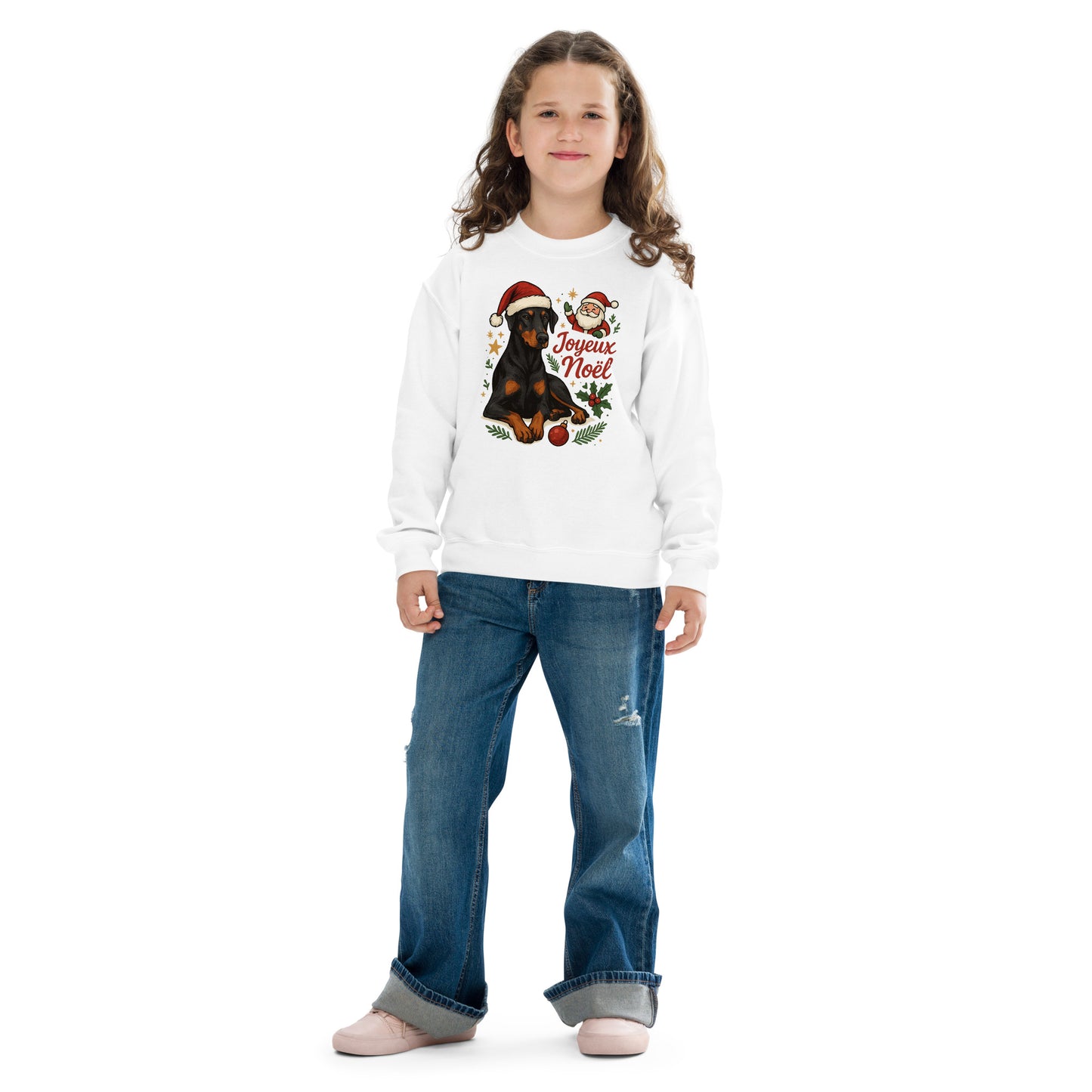 Sweat classique enfant unisexe blanc Noel Dobermann